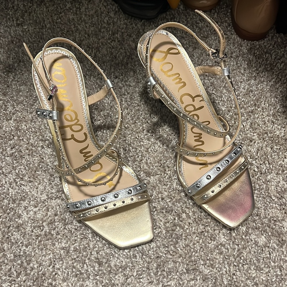NEW Sam Edelman Lennox Studded Heels Gold/ Silver Metallic 8.5 NWOT - Picture 2 of 5